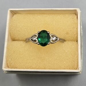 Sterling Silver Ring w/ Glass Green Stone & Clear Crystals EUC Sz 10
